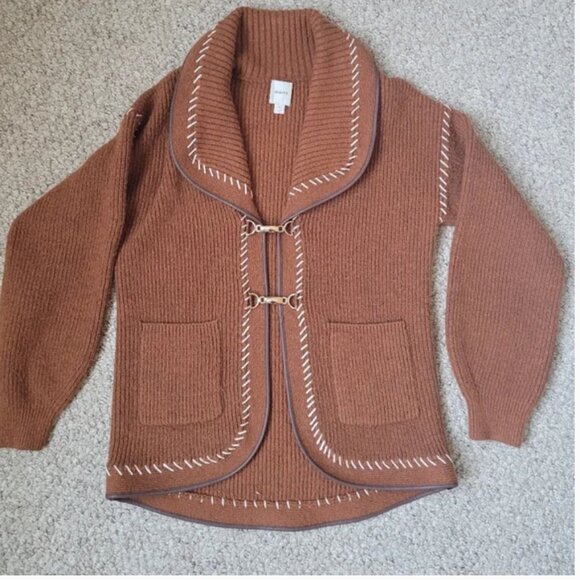 Anthropologie Faux Leather Trim Whipstitch Cardigan size S - Picture 3 of 5